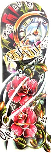 rose vintage clock extra large 18" full arm temporary tattoo for men women Halloween party