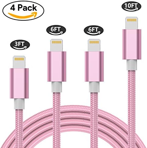 iPhone Charger, Pheryoe Lightning Cable 4Pack（3FT/6FT/6FT/10FT） Nylon iPhone Cable USB Cord Charging Charger for iPhone X 8 plus 7 Plus 6 plus 6s plus 5 5c 5s SE iPad iPod Nano iPod Touch (Rose Gold)