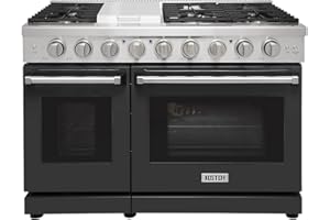 KOSTCH 48 inch Pro-Style Natural Gas Range or Liquid Propane Gas Range with 6 Burners & 1 Griddle Cooktop, Double 4.6 cu. ft. and 2.2 cu. ft. Oven, in Stainless Steel - KOS-48RG03M (Black)