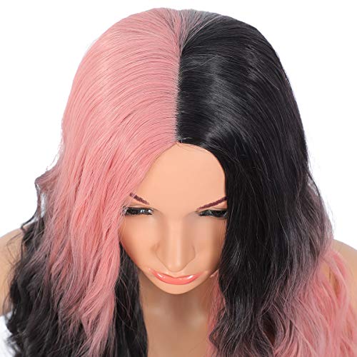 Amchoice Ombre Black and Pink Cosplay Wig for Women Long Curly Wavy Hair Wig Heat Resistant Synthetic Middle Part Wig for Daily Party Halloween 26 Inch