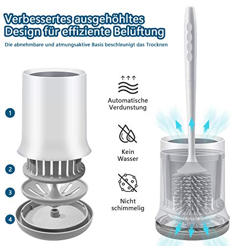 Toilettenbürste,Cshare Silikon WC Bürste mit Halter Wandmontage & Stehen,Langer Stiel klobürste und Schnell Trocknendem Haltersatz für Bad Reinigung und Organisation–Grau