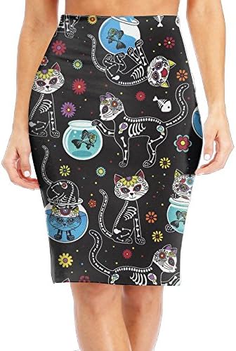 WANING MOON Women's Vintage Pattern Skull Cat High Waist Slim Skirt Office Pencil Dress for Women Length