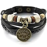 INBLUE Men,Women's Alloy Genuine Leather Bracelet Bangle Cuff Black Gold Tone Pisces Horoscope Zodiac Bead Adjustable