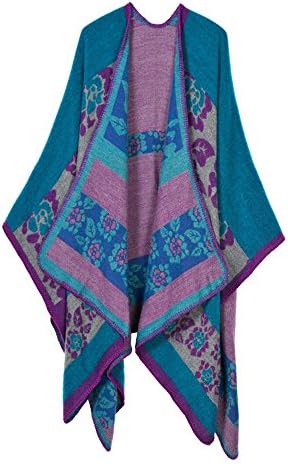 Herebuy8 Women's Winter Reversible Oversized Blanket Poncho Cape Shawl Cardigans (Light blue flower)