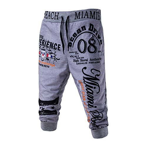Men's Joggings Drawstring Elastic Waist Trousers Printing Loose Sports Pants Gray
