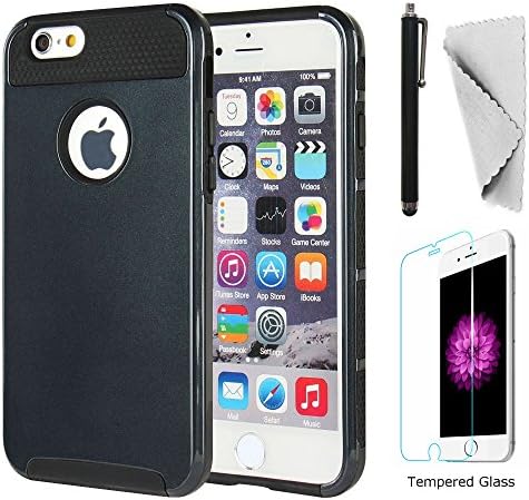 iPhone 6/6s case KXLY 2 in 1 Hybrid Heavy Duty Shockproof Protective Cover Hard PC Rugged Soft TPU Bumper Dual Layer +Tempered Glass Screen Protector+Stylus[Black-Black]