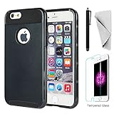 iPhone 6/6s case KXLY 2 in 1 Hybrid Heavy Duty Shockproof Protective Cover Hard PC Rugged Soft TPU Bumper Dual Layer +Tempered Glass Screen Protector+Stylus[Black-Black]