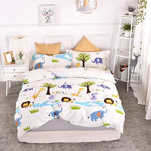 Belles Maison 100% Organic Cotton Kids Duvet Cover Set, Cartoon animals Cute Boys Bedding, 3 Pieces Comforter Cover and 2 Pillowcases,Twin Size