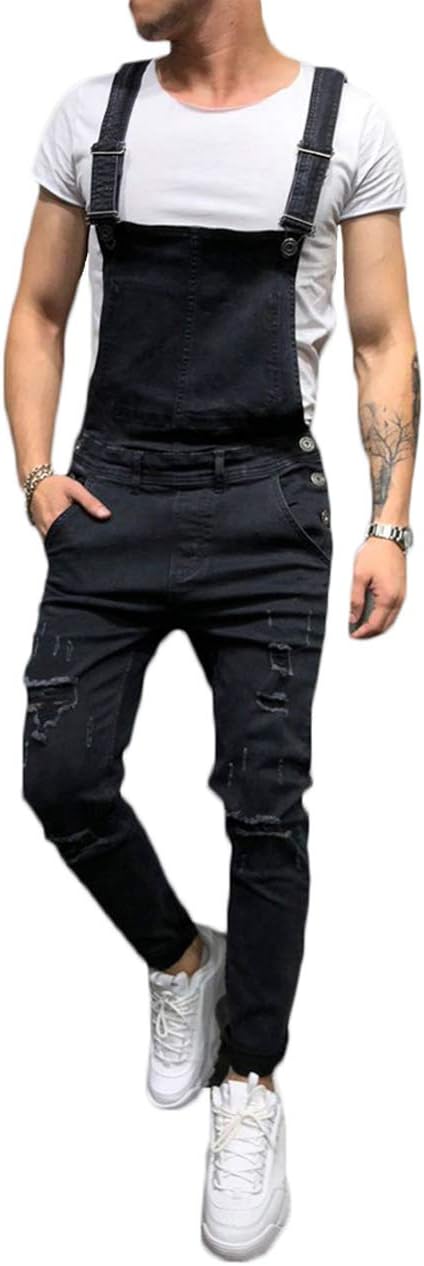 lisenraIn Men's Denim Bib Overalls Fashion Ripped Jeans Slim Jumpsuit with Pockets