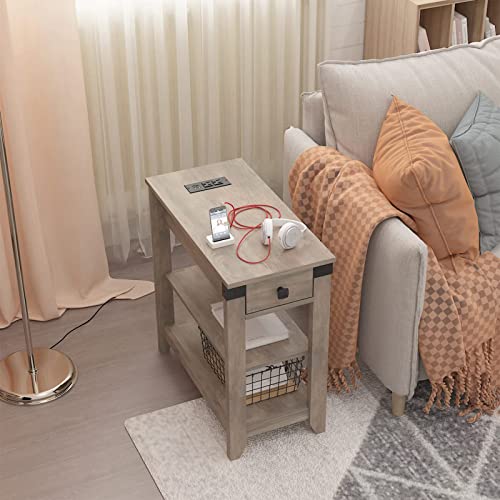 HOSEOKA Narrow End Table with Charging Station Farmhouse End Table with
