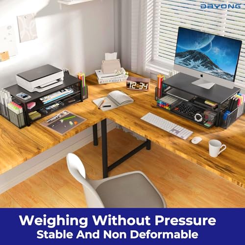 DAYONG Computer Monitor Stand Riser, Desk Organizers and Accessories with Storage Drawers, Metal Monitor Stand with 2 Pen Holders, Desktop Organiser for Home Office Supplies (Black)