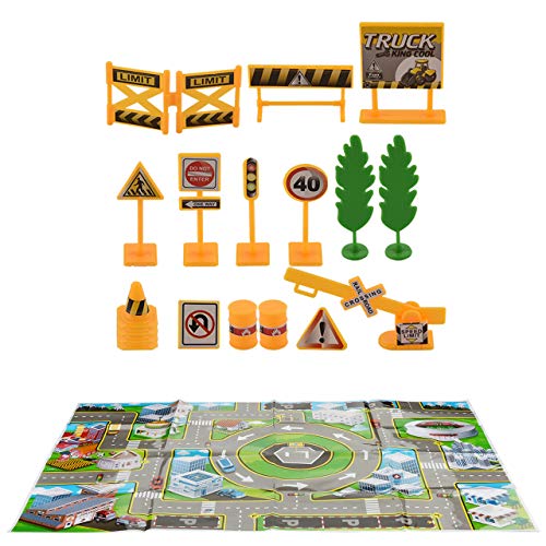 Bluecell 18 Pieces Small Street Signs Playset Traffic Signs Playset & Fun Street Play Mat for Children Birthday Gift Learning Toys Christmas Party Supplies