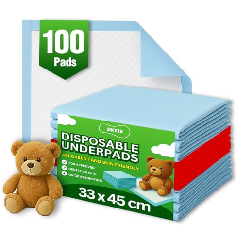 Baby Change Mat 45 x 33 CM (100-Count) Baby Pee Pads, Baby Changing Pad, Waterproof Bed Pad -Thick Super Absorbent Pads Disposable Underpads for Kids, Adults, Elderly - Liquid, Urine