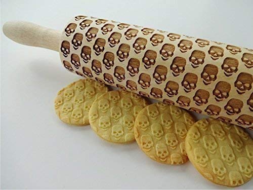 Rolling Pin SKULL. Embossing rolling pin with SKULL PATTERN Embossed skull cookies for HALLOWEEN. Wooden Laser Cut Rolling Pin for Halloween cookies, play dough, salt dough by Algis Crafts