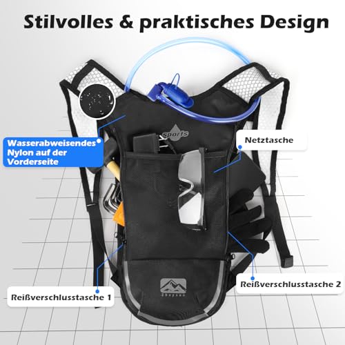Shayson - Mochila de hidratación con Bolsa de hidratación de 2 litros, Ligera y Transpirable, con 3 Bolsillos de Capa, Correas de Hombro reforzadas para Senderismo, Correr, Ciclismo