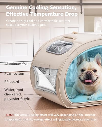 Pecute Casa Refrigerante para Gatos y Perros Pequeños, Caseta Fresca con 6 Cajas de Gel Reutilizables, Alfombrilla Refrigerante, Ventana Transparente Plegable, Tamaño L <8kg para Interior, Beige.