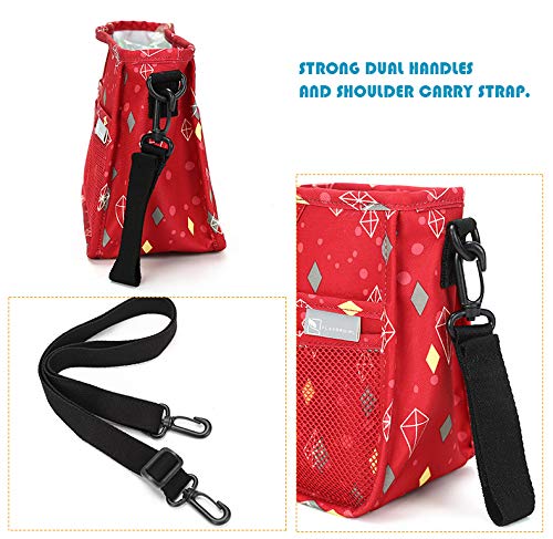 Parents Stroller Organizer Bag with 4 Insulated Cup Holders and Shoulder Strap for Carrying Bottles,Extra-Large Storage Space for iPhones, Wallets, Diapers, Books, Toys, iPads(Red)