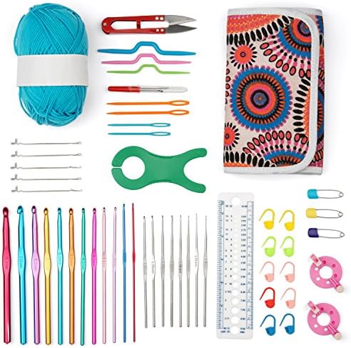 LifeWiseProducts 50+ Piece Full Set Crochet Kit Knitting Set with Bag Wrap Board Scissors Gauge Knit Stitch Holder Twist Needles - Comes with Ball of Yarn -