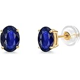 Gem Stone King 14K Yellow Gold Blue Sapphire Stud Basket Setting Earrings For Women Men (1.14 Cttw, Gemstone September Birthstone, Oval 7X5MM)