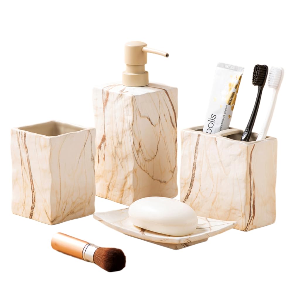 RQYIXI Ceramic Bathroom Accessory Set Complete 4 Pieces Retro Style Soap Dispenser & Toothbrush Holder Sets (Marble Brown)