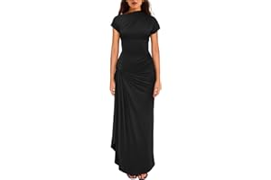 YMDUCH Women's Casual Short Sleeve Boat Neck Ruched High Split Bodycon Long Party Dress