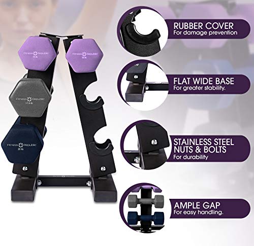 Fitness Republic Solid Steel Dumbbell Rack Holder, A-Frame Dumbbell Storage Racks, Free Weights Stand for Home Gym Exercise, Neoprene Dumbbells Pairs (15lb, 17.5lb & 20lb) with 3 Tier Rack Combo