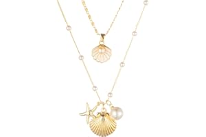 KOFISNI Shell Necklaces for Women 14k Gold Plated Layered Starfish Conch SeaShell Pearl Pendant Charm Necklace Adjustable Stainless Steel Chain Summer Beach Jewelry