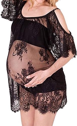Women's Maternity See Through Lace Photography Gown Dresses For Pregnancy Photo Shoot (S, Black)
