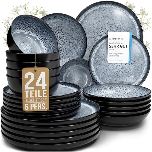 Steingut Geschirrset 6 Personen Ibiza 24 tlg. TESTSIEGER, Traumhaftes Mediterranes Steingut Geschirr Set, Schüssel- und Teller Set, Tafelservice 6 Per