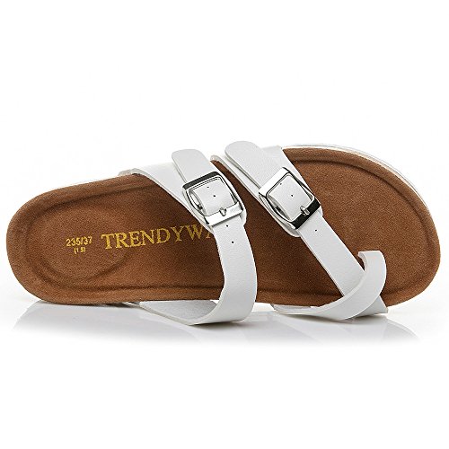 Kauneus  Women's Toe Ring Cork Sandal/Classic Ladies Sandal/Flat Footed Dual Adjustable Buckle/Breathable Open Toe Slide White - Thumbnail 5