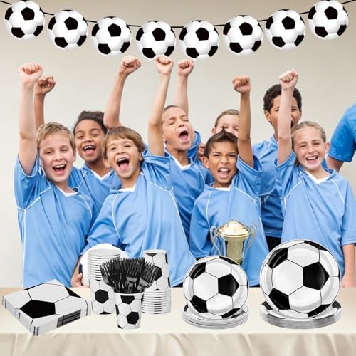 30PCS Platos de Fútbol para Fiesta de Cumpleaños, Decoraciones para Fiestas de Fútbol, con Placa, Mantel Taza,Tenedor, Servilleta, Pancarta, para Cumpleaños y Cualquier Celebración