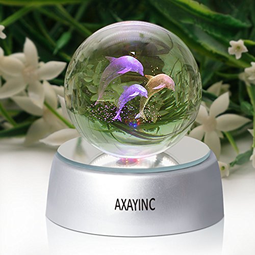 3D Crystal Ball Fancy LED Lighting with Base, puzzle dolphin Advanced Laser Engraving, Ideal Present for Kids, Friends, Perfect for Home, Offices, Bars Decor etc. - 50mm Dolphin