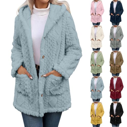 Fleece Jacket for Women Fluffy Button Up Hooded Jackets with Pockets Long Sleeve Solid Colour Coats Winter Warm Soft Casual Jacket