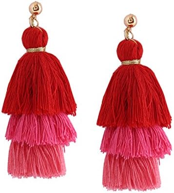 Multi Layered Tassel Earrings Tiered Thread Tassel Dangle Earrings-Red+Pink