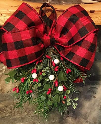 Mistletoe Hand Made Artificial Large Sprig Tied with a Buffalo Plaid Holiday Bow and Ready to Hang Mistletoe Decoration