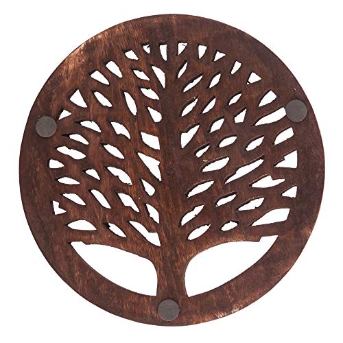 Set of 2 Wooden Trivet Tea Pot Holder Tree of Life Design Heat Resistant Durable Handmade Mango Wood Kitchen Dining Table Accessories Dia 8'' Inch (Set of 2 Walnut)