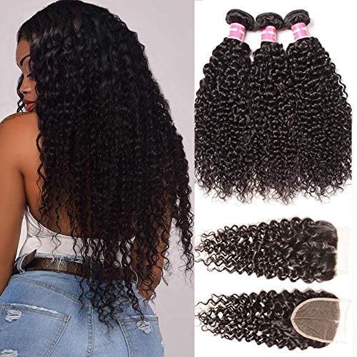 Sunber Kinkys Curly Human Hair Bundles with Closure Free Part Unprocessed Brazilian Virgin Curly Hair 10A Grade 44 Lace Closure 100% Human Hair Natural Black Color (20 22 24+18lace closure)
