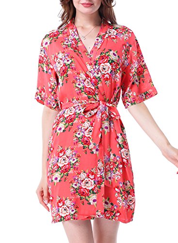 Floral Kimono Robe for Women Short Sleeve V Neck Belted Satin Bridal Sleepwear