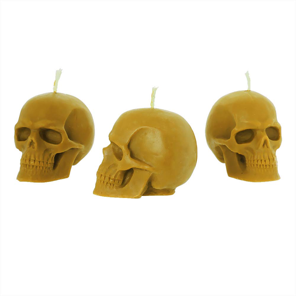 NKlaus 3X Candle Set Skull Yellow Made of Organic Pure Beeswax Gothic Candle Colourful Figurine Candle Skull Halloween Ritual Candle Drip Candles 36293