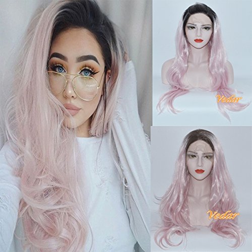 Vedar beauty ombre pink lace front wigs - long wavy glueless synt…