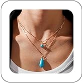 Iaceble Boho Layered Turquoise Necklace Choker Blue Turquoise Bead Pendant Necklace Teardrop Turquoise Chain Necklace Double Layer Gold Turquoise Stone Necklace Jewelry for Women