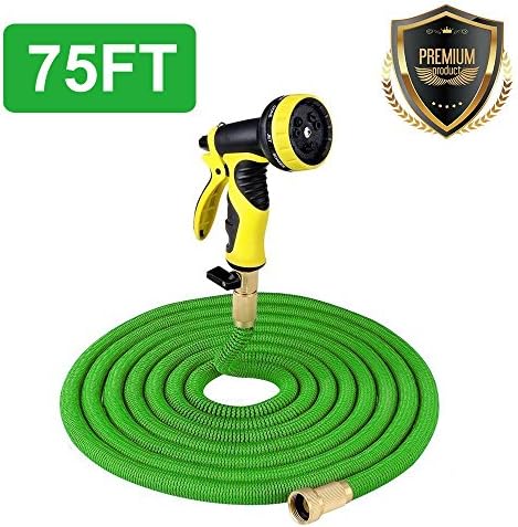 HENGQIANG 75FT Expandable Garden Hose, Brass Fittings Strongest Hose Pipe with 9 Spray Pattern, Durable Triple Layered Latex Core, Expanding, Retracting, Kink Free Water Hose