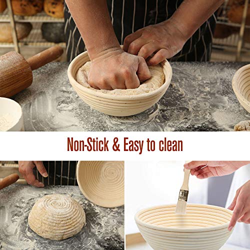 LotFancy Banneton Proofing Basket Set of 2, 9 Inch Round Proofing Bowls for Sourdough Bread, Incudes Linen Liner Cloth, Dough Scraper, Bread Lame, Brush, Instructions Book, Non-Stick
