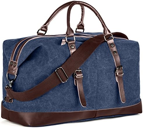 Lightweight Travel Tote Duffel Shoulder Bag - Canvas With Leather Trimming - Many Pockets - Removable Shoulder Strap