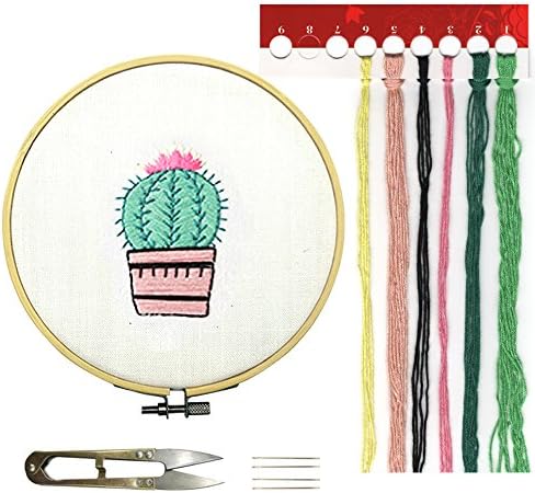 Full Set of Handmade Embroidery Cactus Partten Embroidery Patterns Beginner Starter Kit,Includes Color Iines, Embroidered Cloth, Bamboo Embroidery Hoop And Tool Kits.