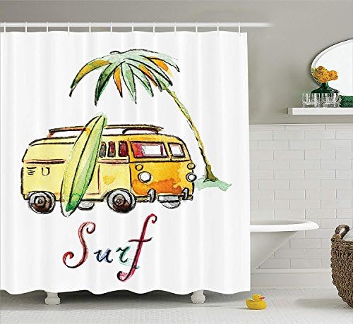 MLNHY Surfboard Decor Collection, Hand Drawn Surfing Car Summertime Seaside Traveling Vehicle Palm Tree Vacation Road Image, Polyester Fabric Bathroom Shower Curtain, Orange,66 X 72 Inches,Multicolor