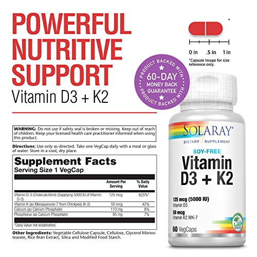 Solaray Vitamin D3 + K2 D & K Vitamins for Calcium Absorption and