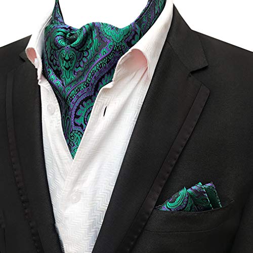 MOHSLEE Mens Green Purple Floral Cravat Necktie Suit Ascot Tie Pocket Square Set