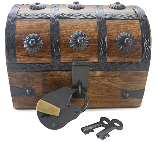 Well Pack Box Wooden Small Pirate Treasure Chest Box 6.5" x 4.5" x 4.5" With Black Hasp Latch Includes Master Padlock & Vintage Skeleton Keys - Thumbnail 5
