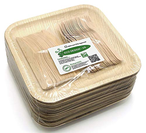 Holiday Party 75-Piece Dinnerware - 25 Large 10" Square Palm Leaf Plates, 25 Wood Forks and 25 Knives - Compostable